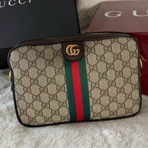 Gucci Beige and Brown Belt Bag with Green and Red Stripe